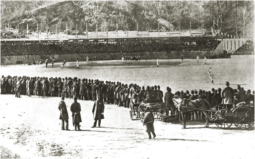 NEW YORK - 1890.  The Polo Grounds in New York City is surrounded by fans during a Players League game in 1890.